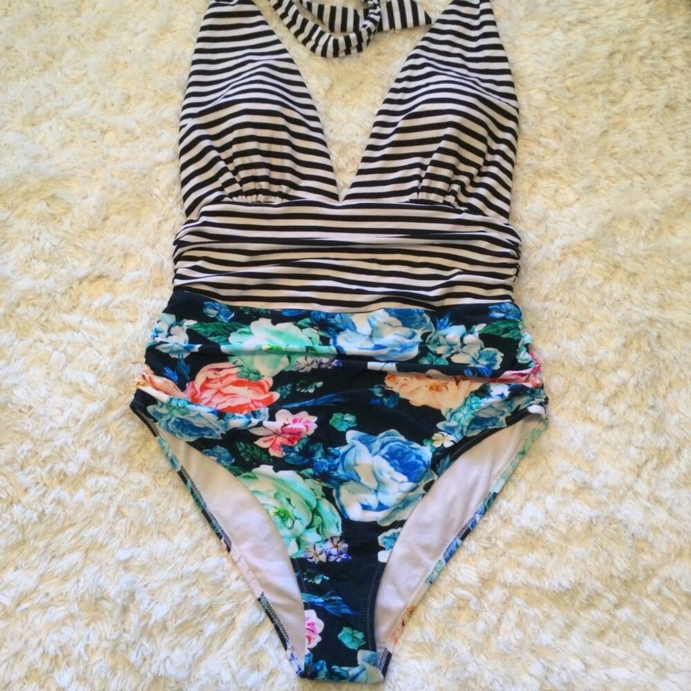 Cupshe Black & White Striped Top Floral One-Piece Swimsuit